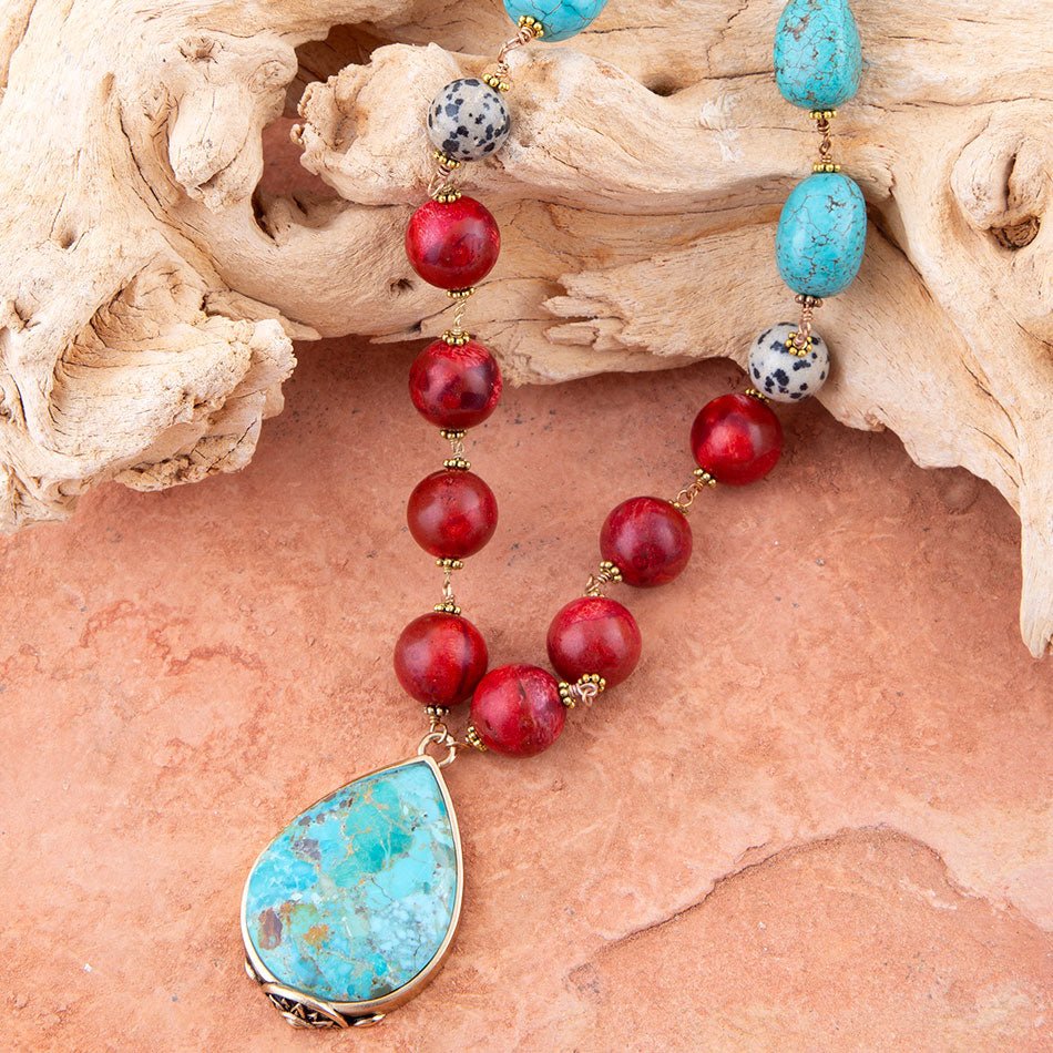 Barse Blue and Red Turquoise Teardrop Golden Necklace
