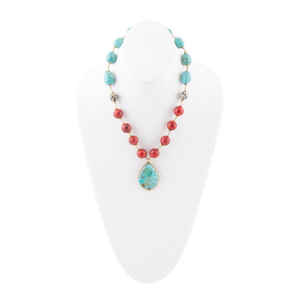Barse Blue and Red Turquoise Teardrop Golden Necklace