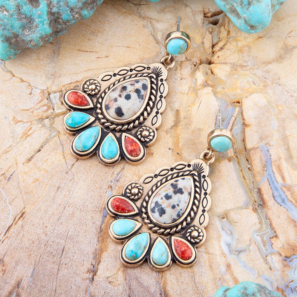 Barse Dalmatian Jasper Colorful Golden Drop Earrings