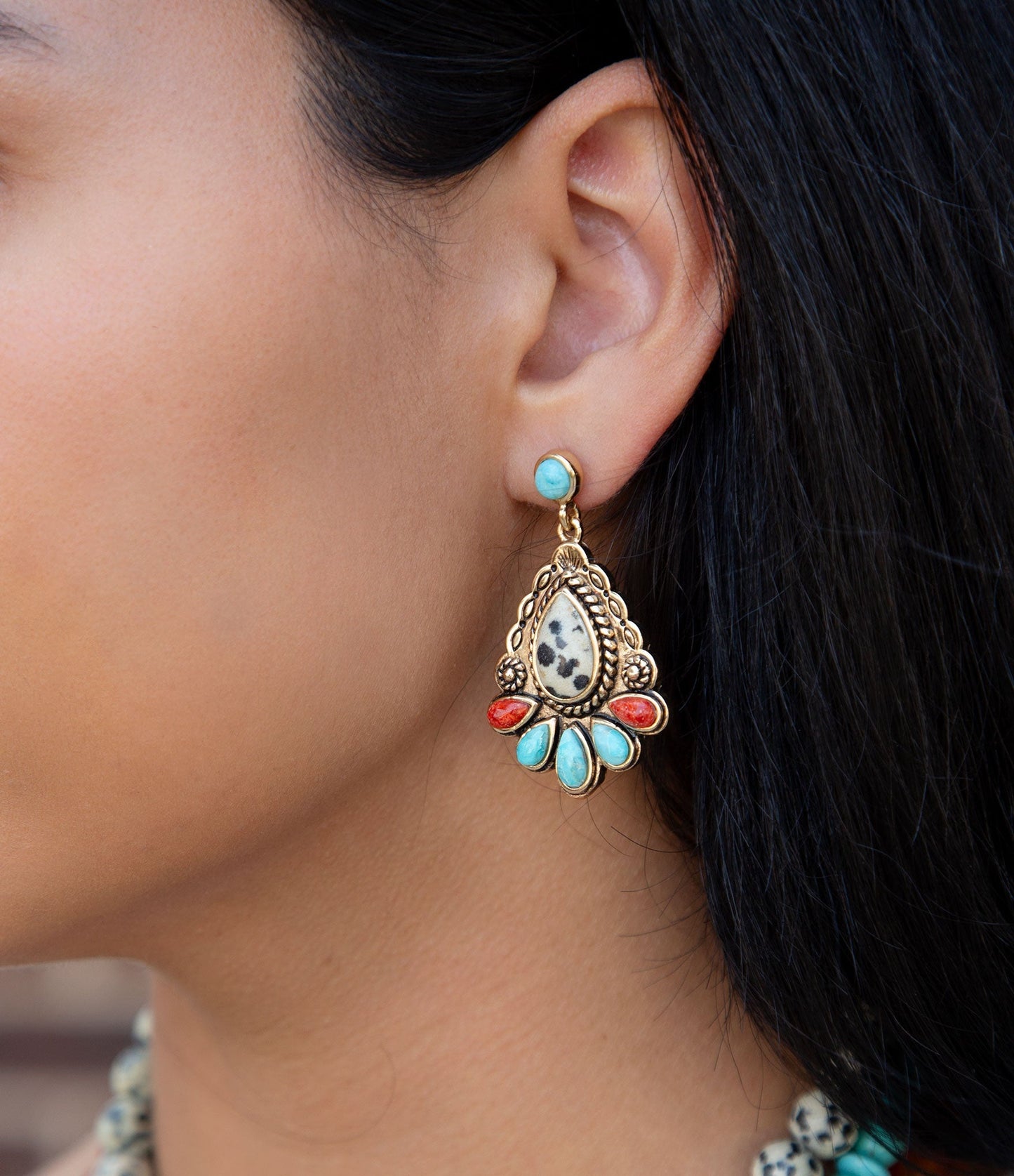 Barse Dalmatian Jasper Colorful Golden Drop Earrings