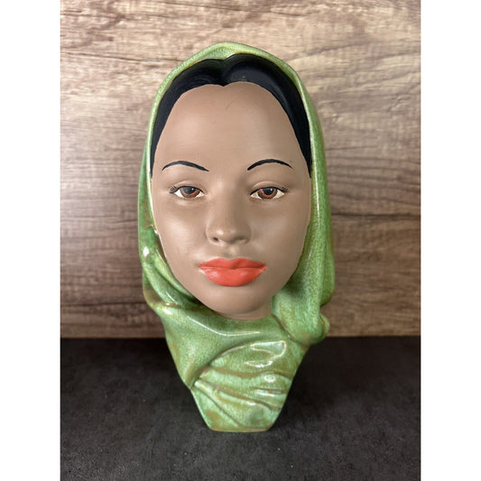 Vintage Female Head Bust Hand Painted Chalk Ware Green Head Scarf Ceramic