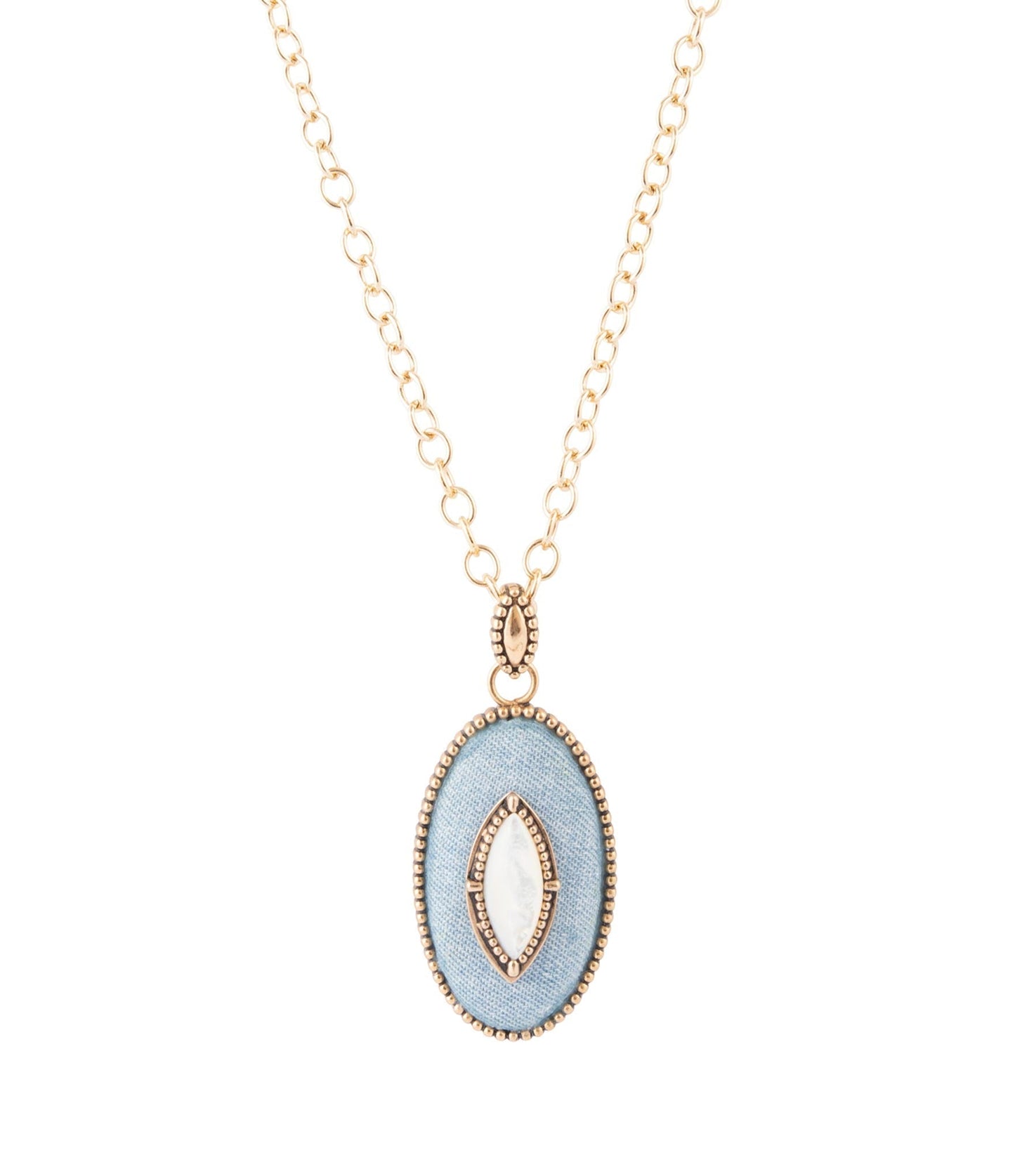 Barse Blue Denim Dreams White Mother of Pearl Golden Pendant Necklace