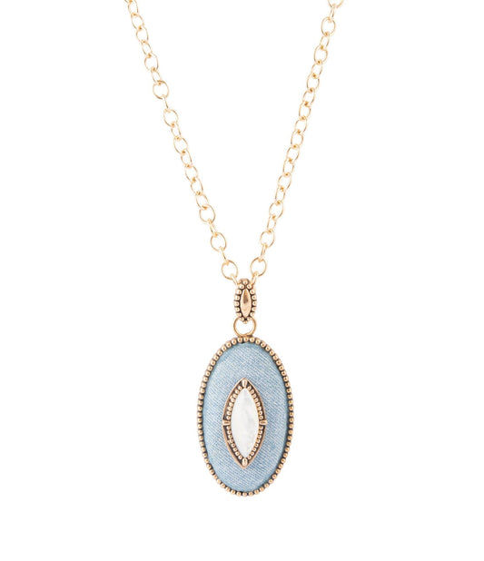 Barse Blue Denim Dreams White Mother of Pearl Golden Pendant Necklace