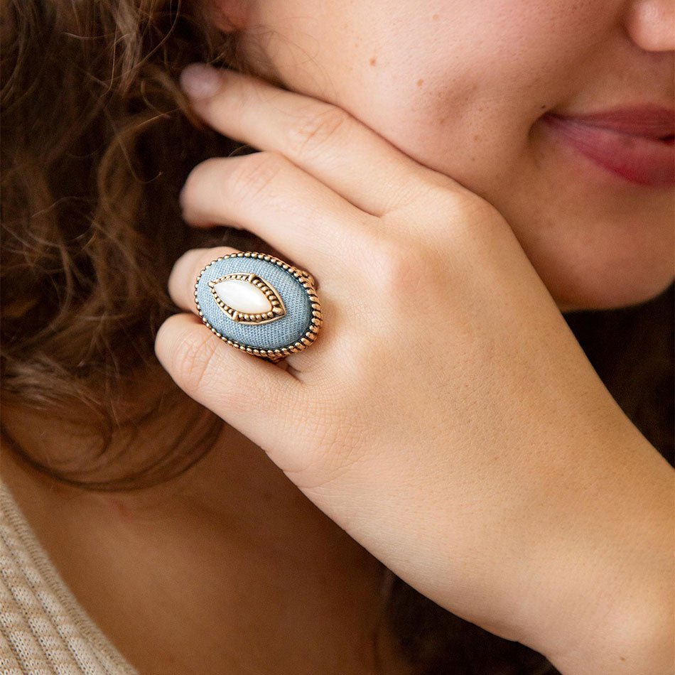 Barse Denim Dreams White Mother of Pearl Golden Statement Ring