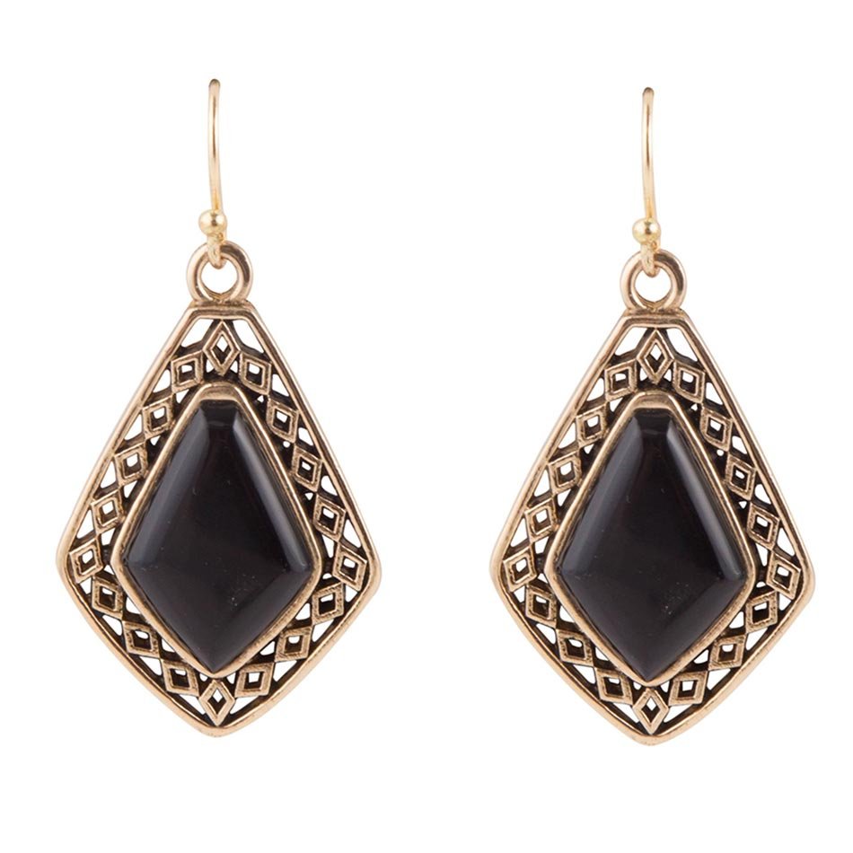 Barse Diamond Black Onyx Stone Golden Drop Earrings