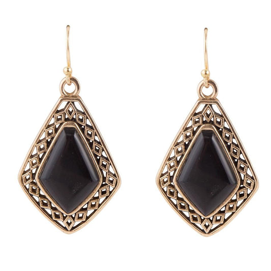Barse Diamond Black Onyx Stone Golden Drop Earrings
