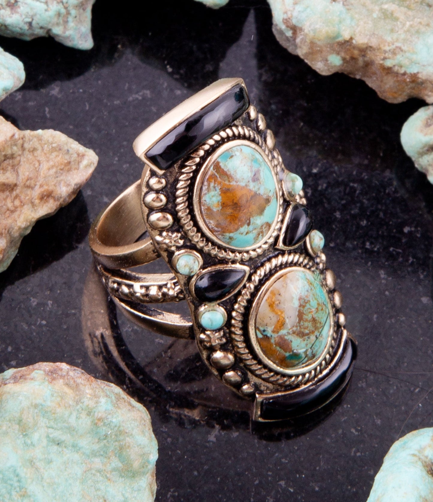 Barse Double Up Blue Turquoise and Black Onyx Golden Ring