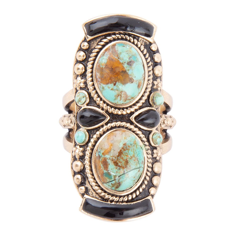 Barse Double Up Blue Turquoise and Black Onyx Golden Ring