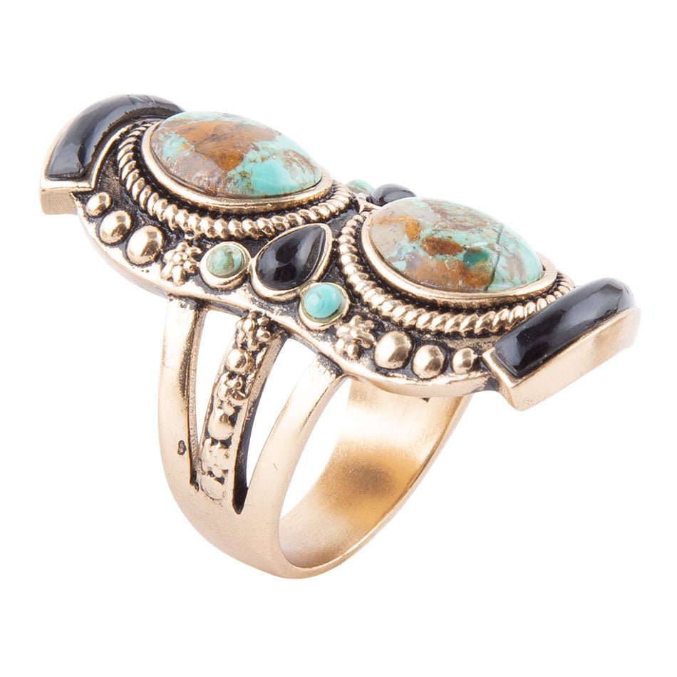 Barse Double Up Blue Turquoise and Black Onyx Golden Ring