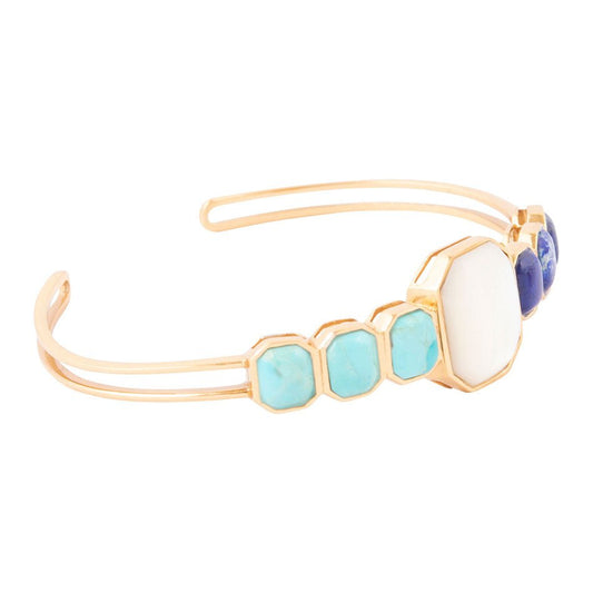 Barse Dual Color Blue Lapis Turquoise and White Mother of Pearl Golden Cuff Bracelet