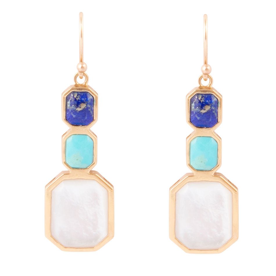 Barse Dual Color Blue Lapis Turquoise and Mother of Pearl Golden Earrings