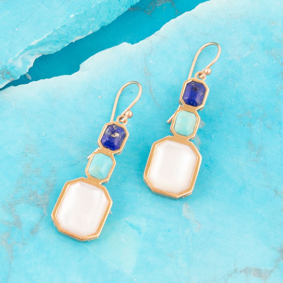 Barse Dual Color Blue Lapis Turquoise and Mother of Pearl Golden Earrings