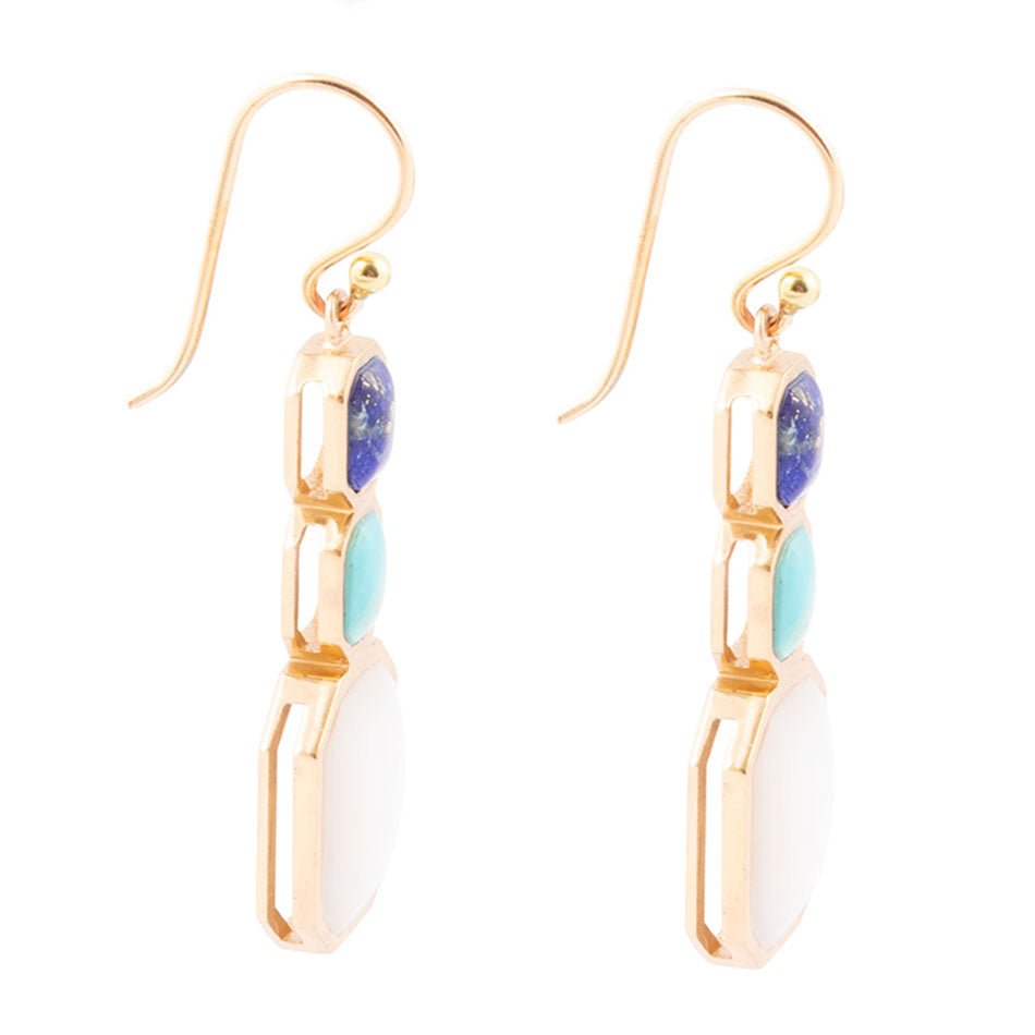 Barse Dual Color Blue Lapis Turquoise and Mother of Pearl Golden Earrings