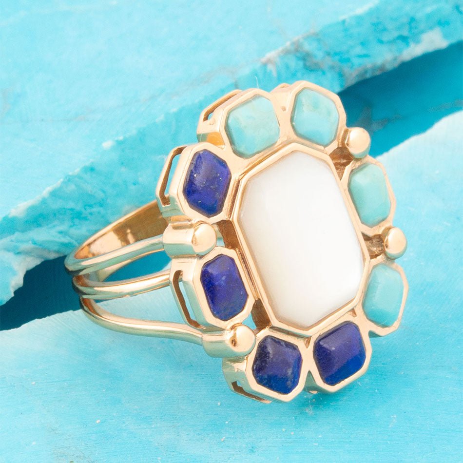 Barse Dual Color Blue Lapis Turquoise and White Mother of Pearl Golden Ring