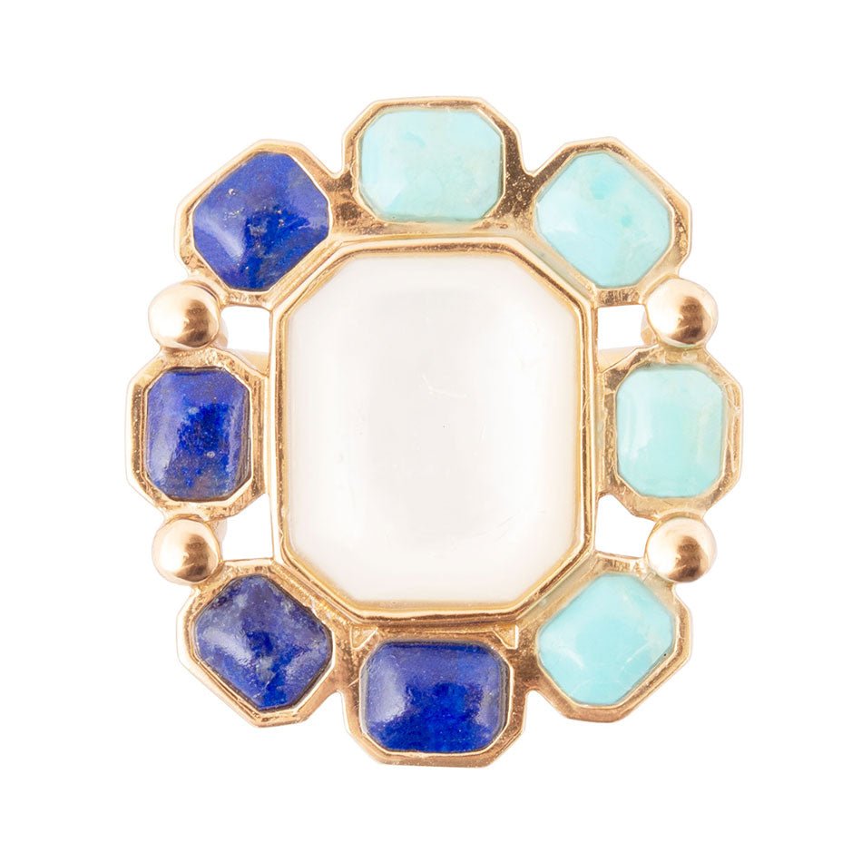 Barse Dual Color Blue Lapis Turquoise and White Mother of Pearl Golden Ring