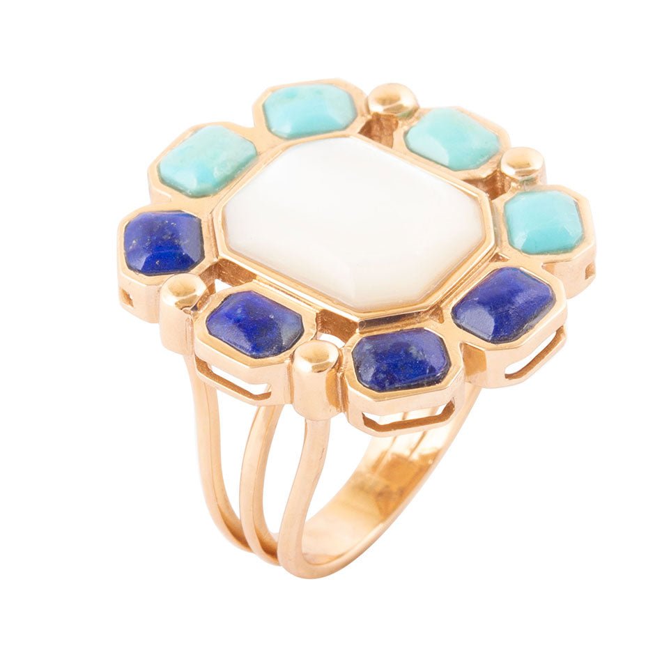Barse Dual Color Blue Lapis Turquoise and White Mother of Pearl Golden Ring