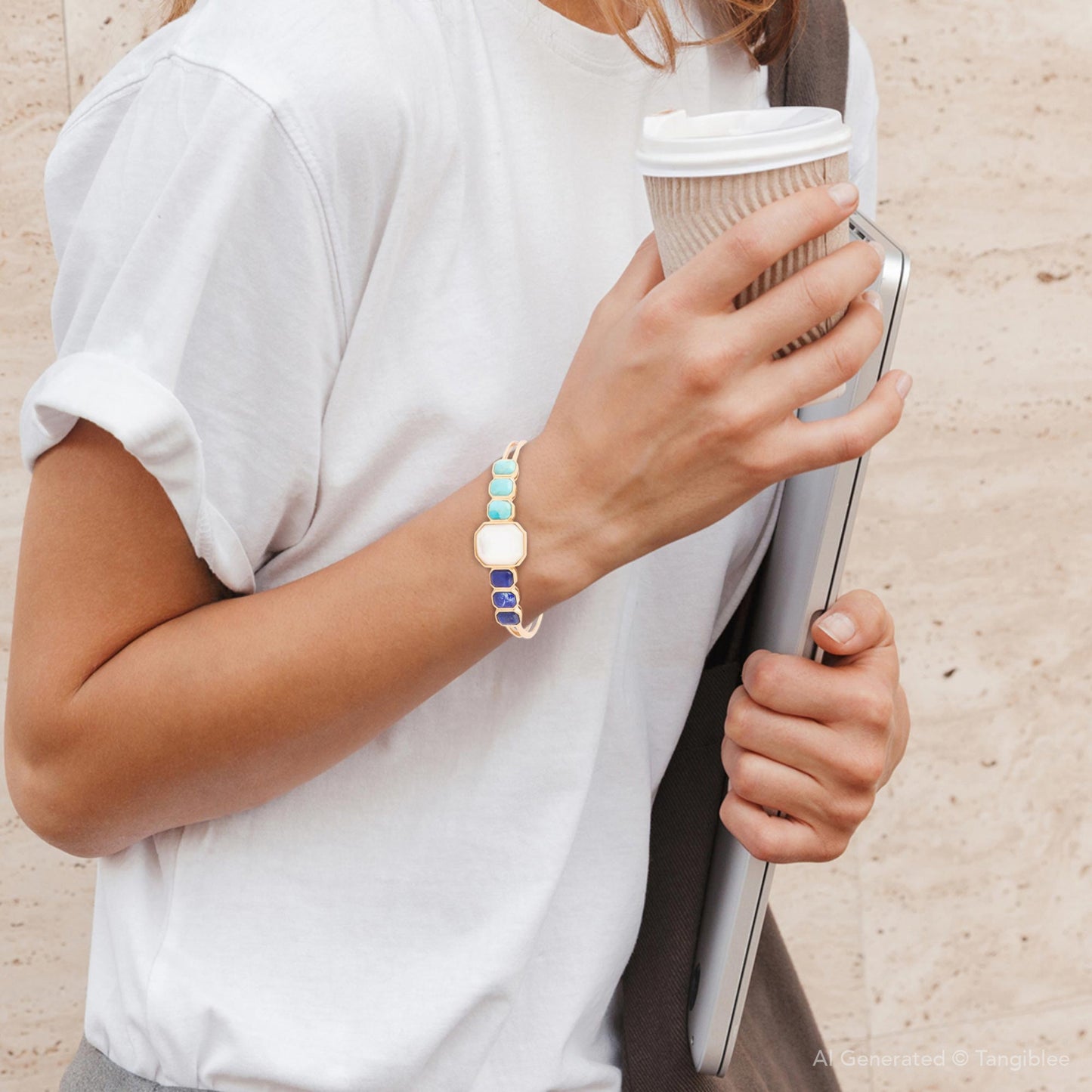 Barse Dual Color Blue Lapis Turquoise and White Mother of Pearl Golden Cuff Bracelet