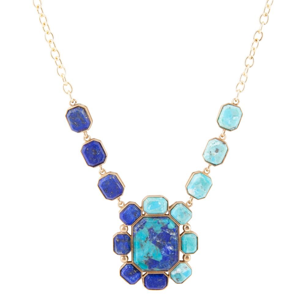 Barse Duality Blue Lapis and Turquoise Golden Pendant Necklace