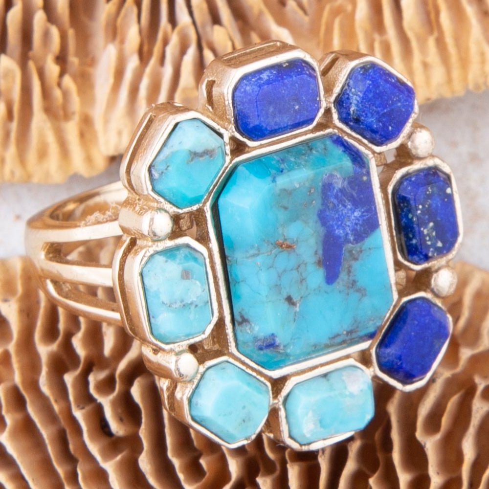 Barse Duality Blue Lapis and Turquoise Golden Statement Ring