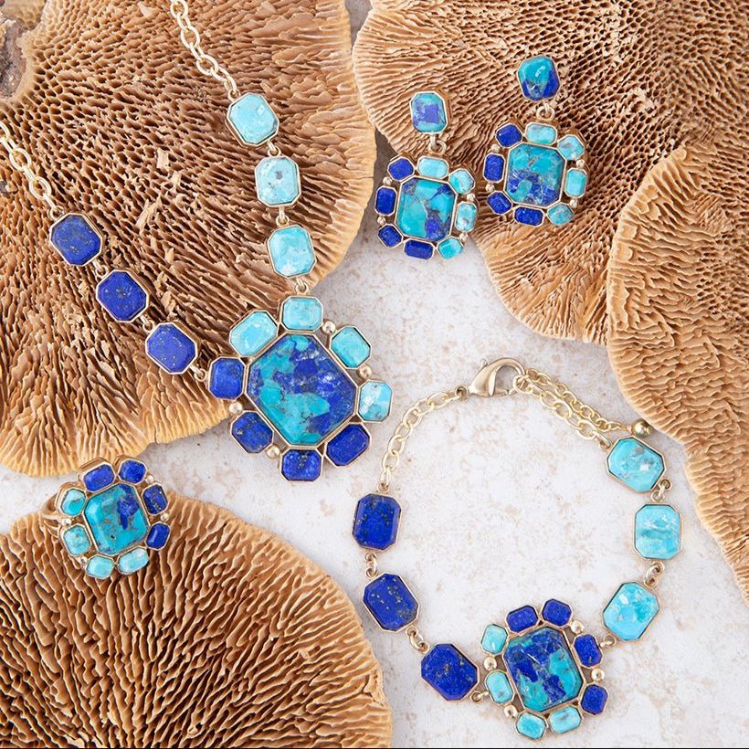 Barse Duality Blue Lapis and Turquoise Golden Statement Ring