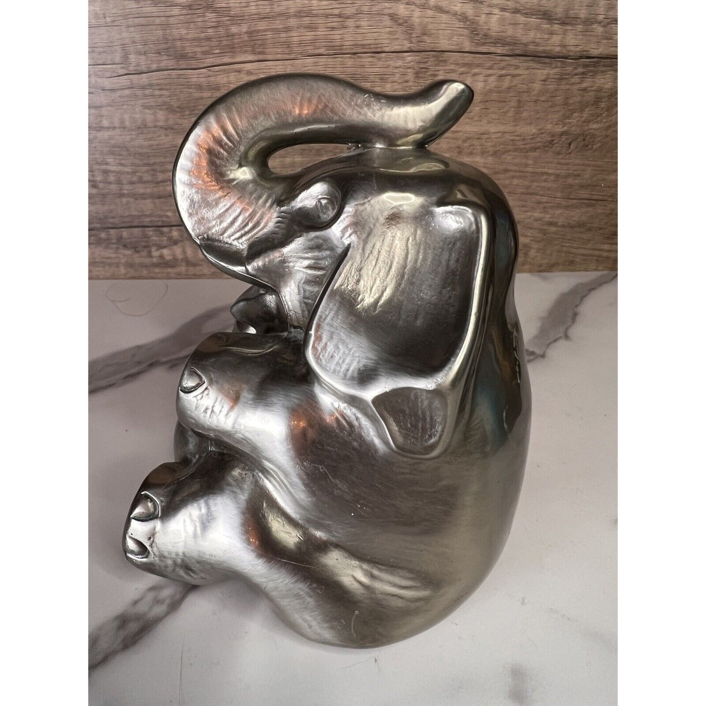 Vtg Elephant Bookend Doorstop Paperweight MCM Silver Gold Trunk Up Elephant