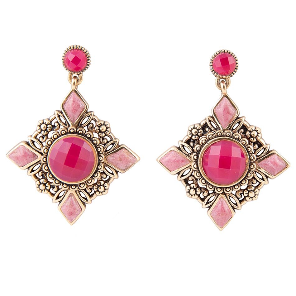 Embellished Pink Quartz Golden Post Drop Earrings
