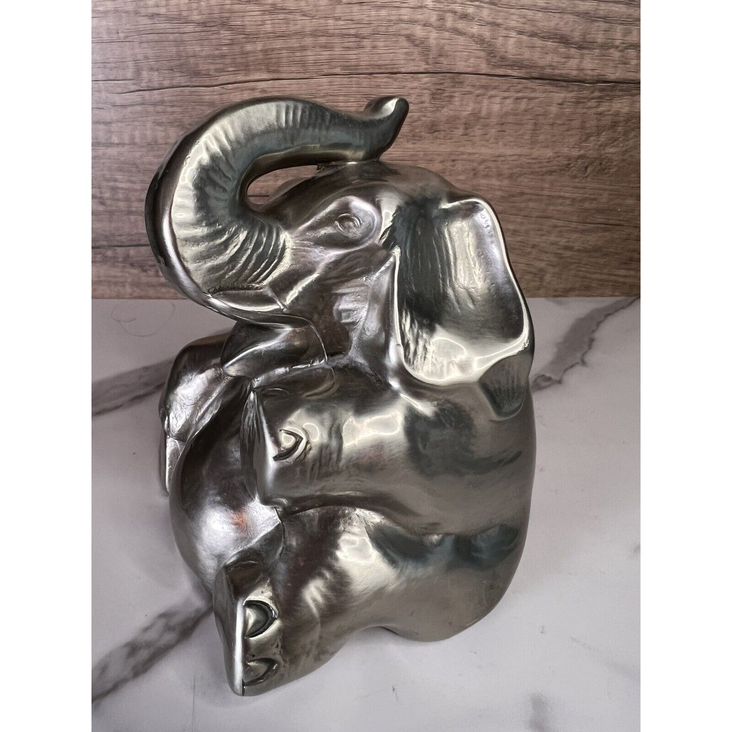 Vtg Elephant Bookend Doorstop Paperweight MCM Silver Gold Trunk Up Elephant