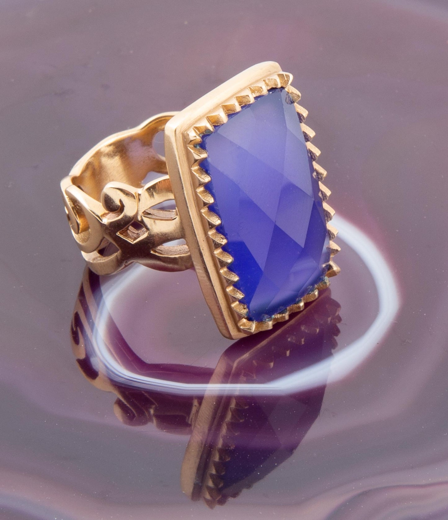 Filigreed Blue Agate Golden Statement Ring
