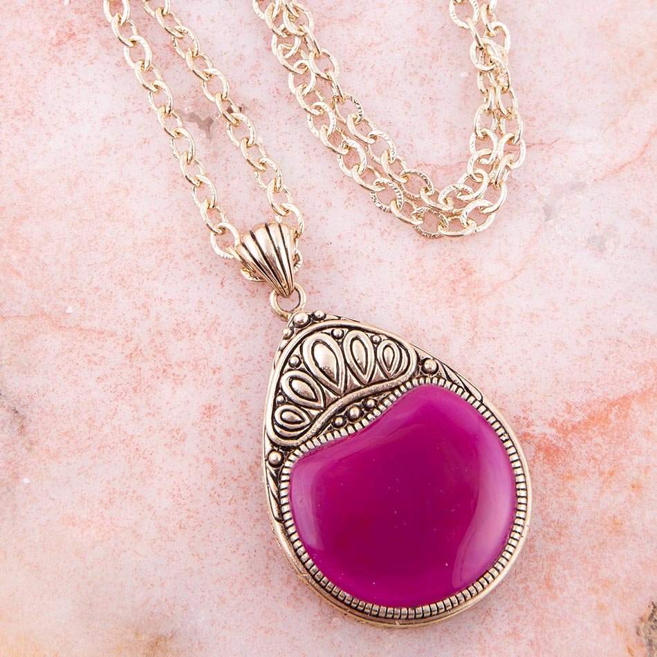 Barse Flamenco Pink Magenta Agate Golden Pendant Necklace