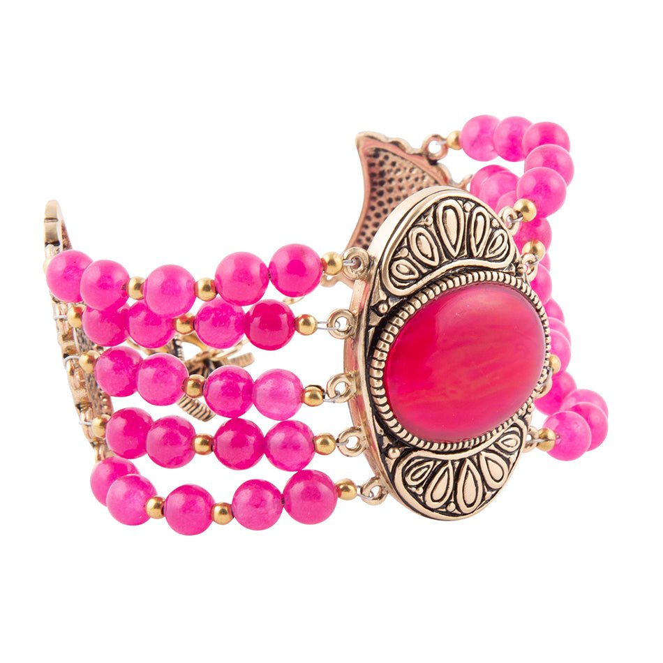 Barse Flamenco Pink Magenta Agate Golden Statement Bracelet