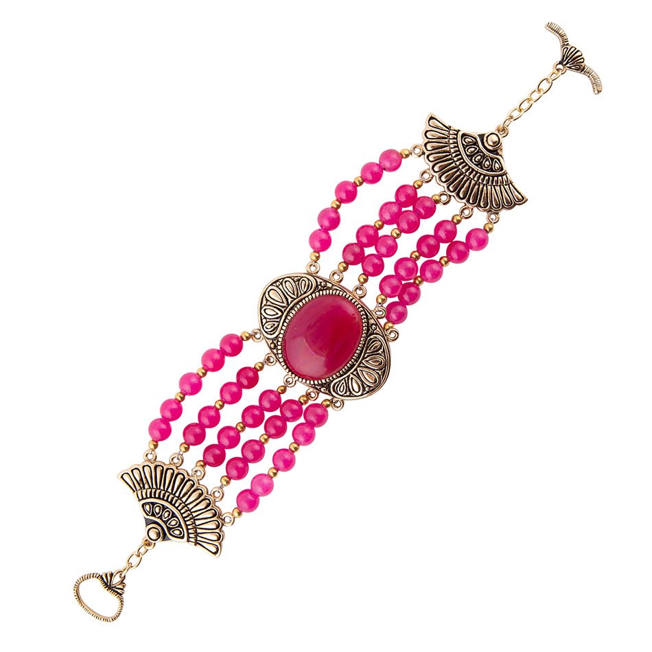 Barse Flamenco Pink Magenta Agate Golden Statement Bracelet