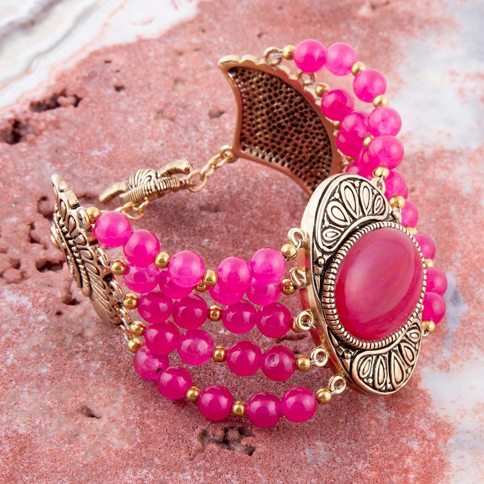 Barse Flamenco Pink Magenta Agate Golden Statement Bracelet