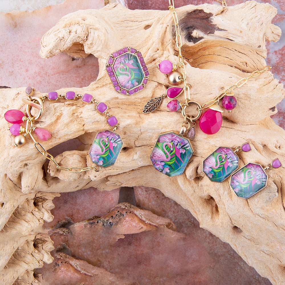 Barse Flamingo Pink Agate Golden Link Bracelet