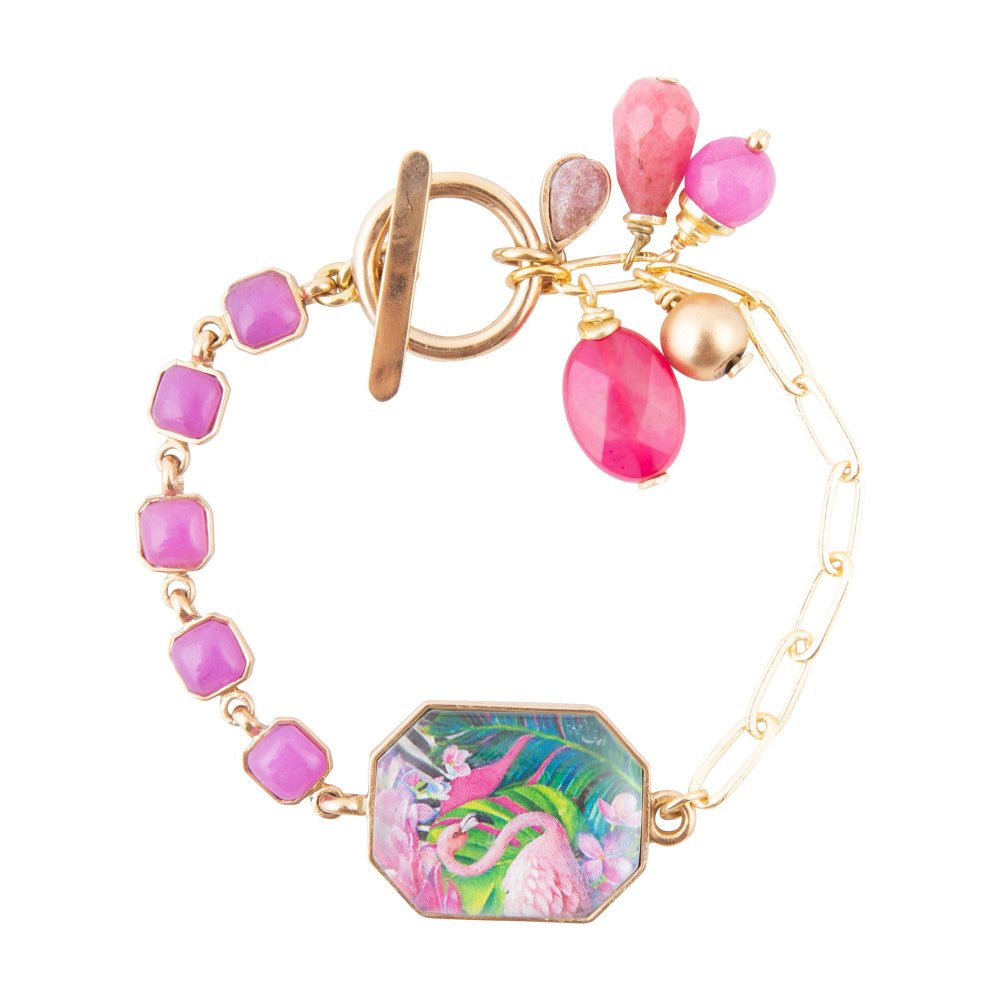 Barse Flamingo Pink Agate Golden Link Bracelet
