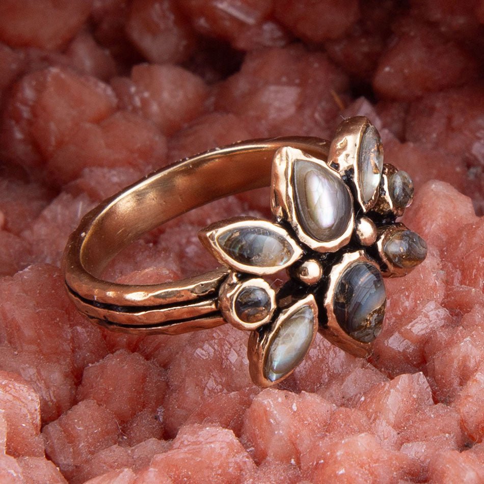 Barse Floral Blue Abalone Golden Bronze Ring