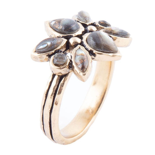 Barse Floral Blue Abalone Golden Bronze Ring