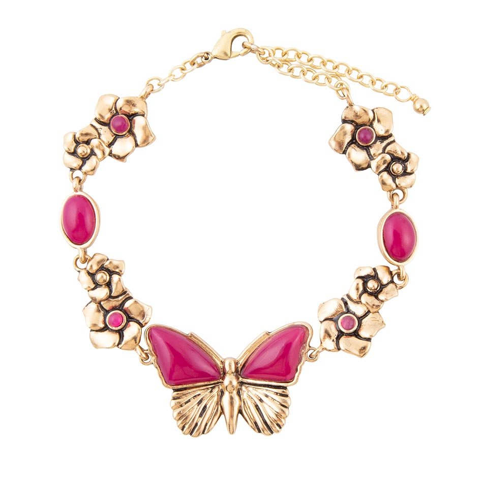 Barse Pink Fuchsia Agate Golden Butterflies Adjustable Bracelet