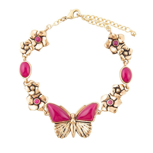 Barse Pink Fuchsia Agate Golden Butterflies Adjustable Bracelet