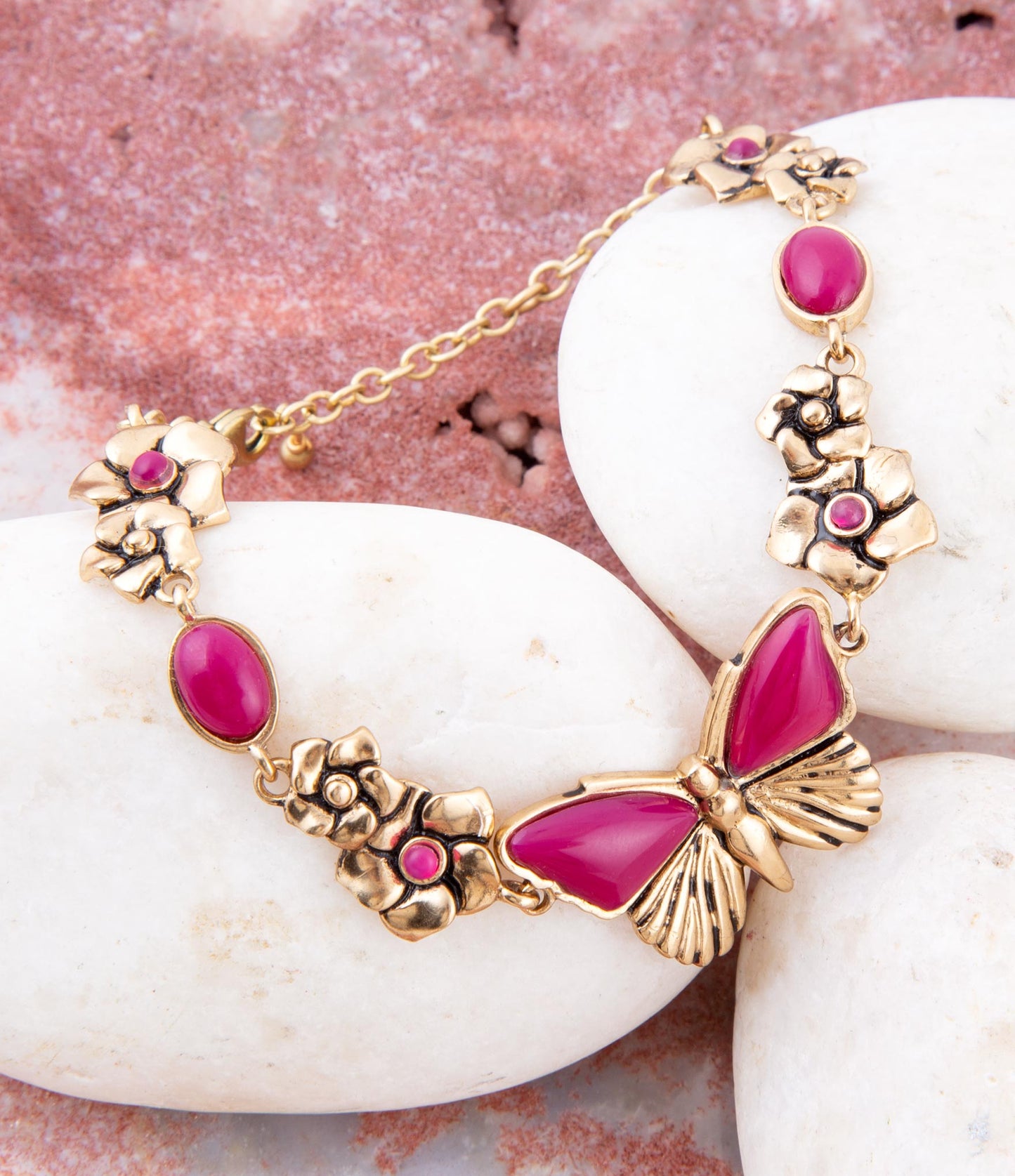 Barse Pink Fuchsia Agate Golden Butterflies Adjustable Bracelet