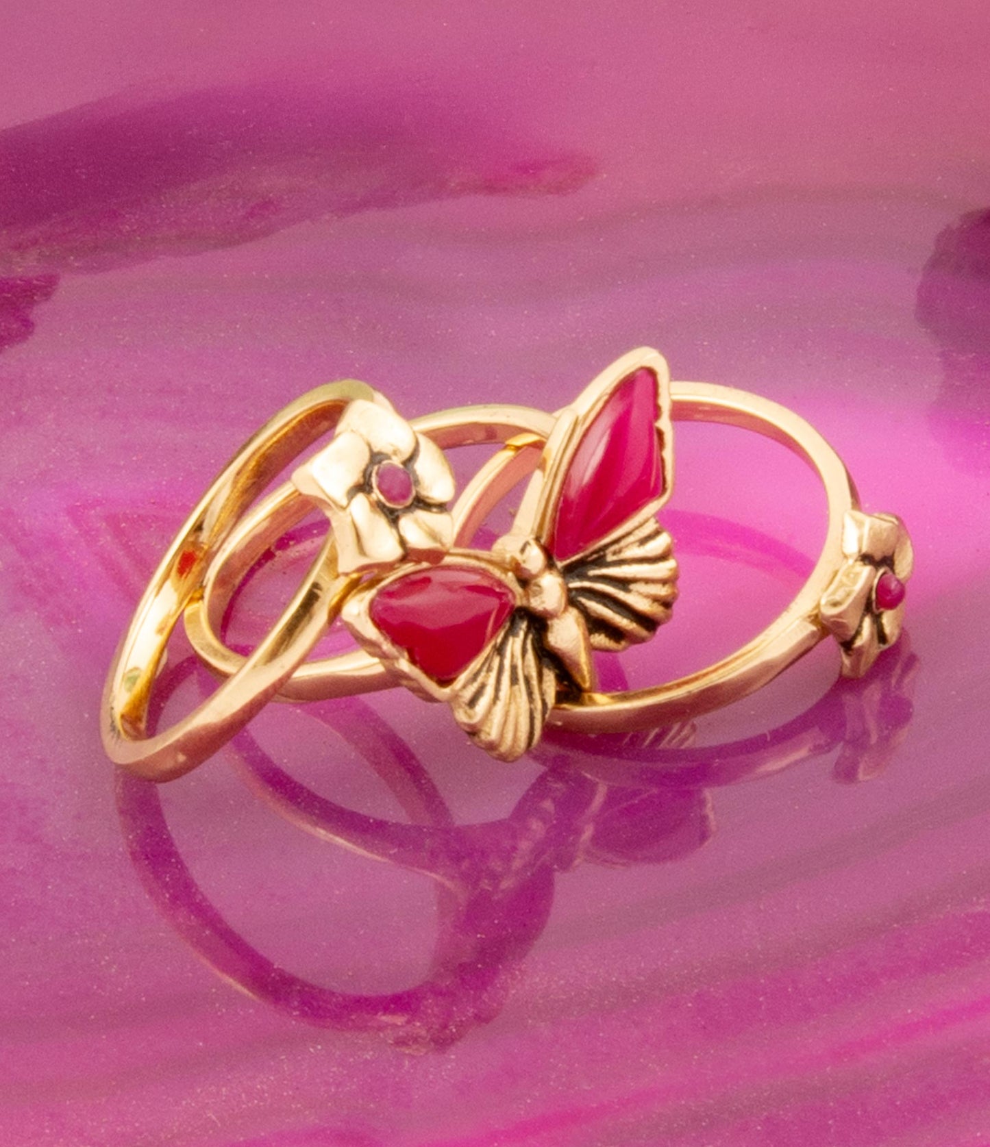 Barse Pink Fuchsia Agate Golden Butterflies Triple Ring Set