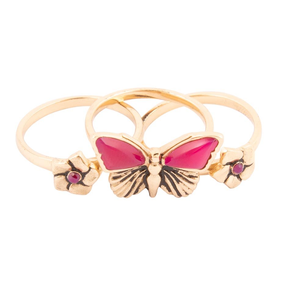 Barse Pink Fuchsia Agate Golden Butterflies Triple Ring Set