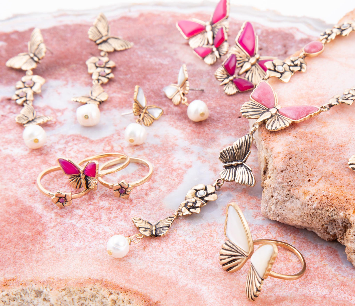 Barse Pink Fuchsia Agate Golden Butterflies Triple Ring Set