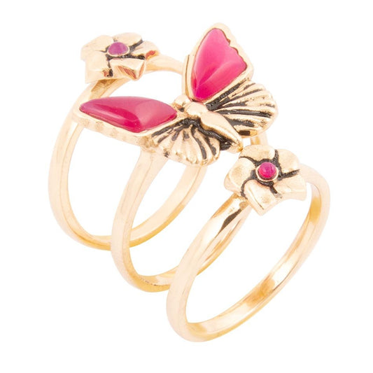 Barse Pink Fuchsia Agate Golden Butterflies Triple Ring Set