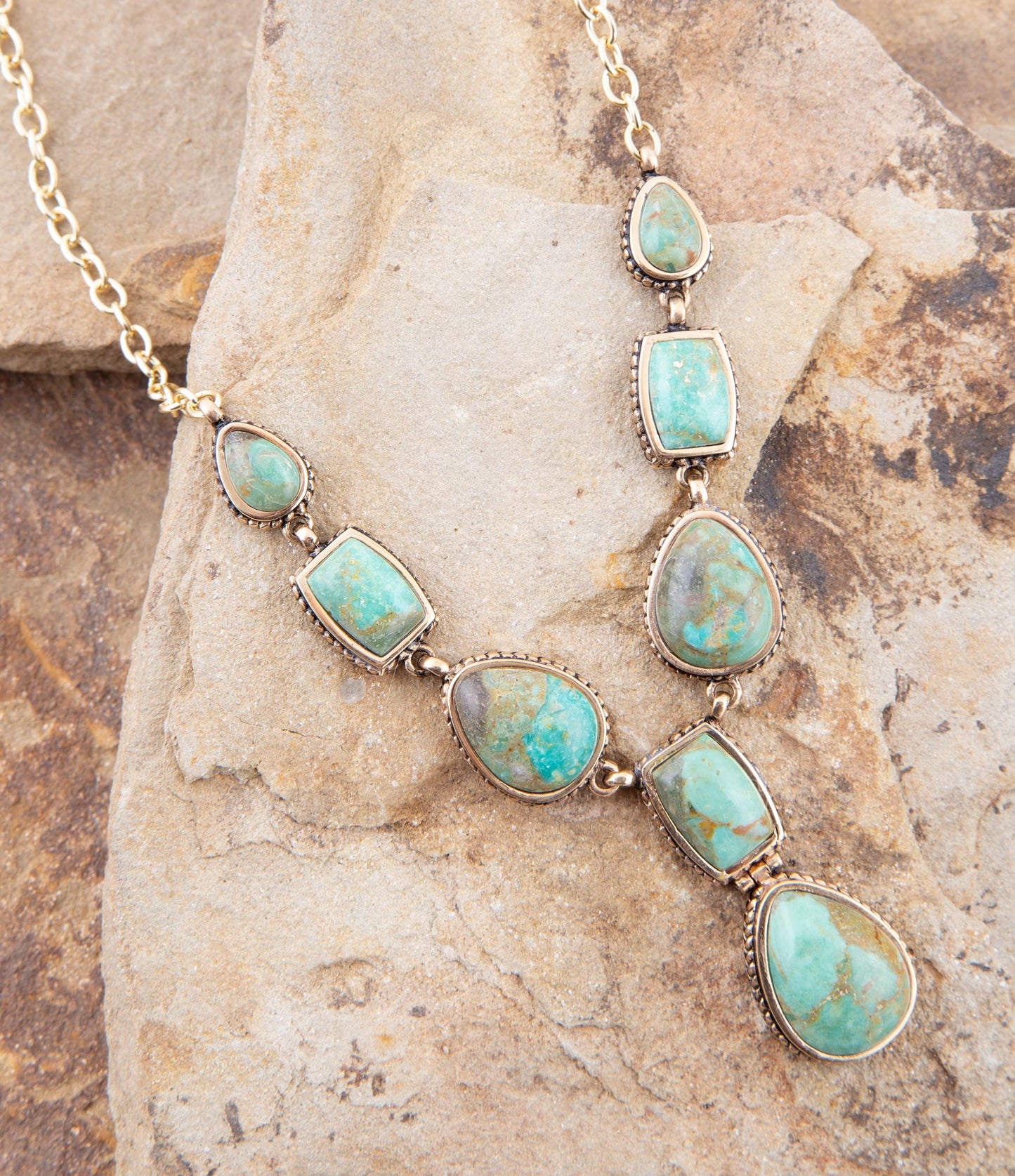 Barse Genuine Blue Turquoise Roped Golden Bronze Y Necklace
