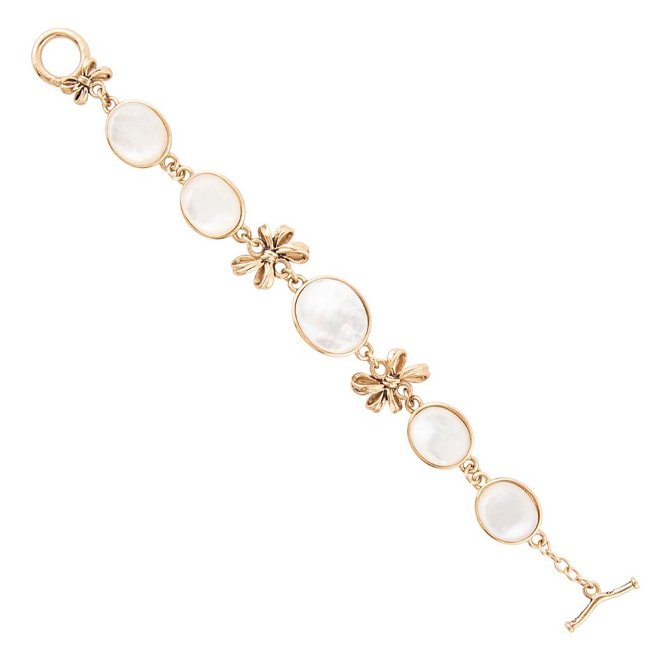 Barse Gifted White Mother of Pearl Golden Bow Link Bracelet