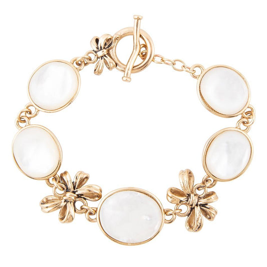Barse Gifted White Mother of Pearl Golden Bow Link Bracelet
