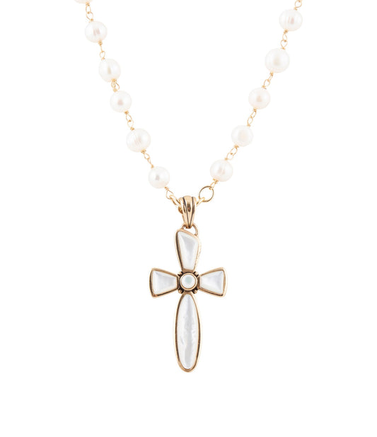 Barse Las Cruces White Pearl Cross Pendant Necklace