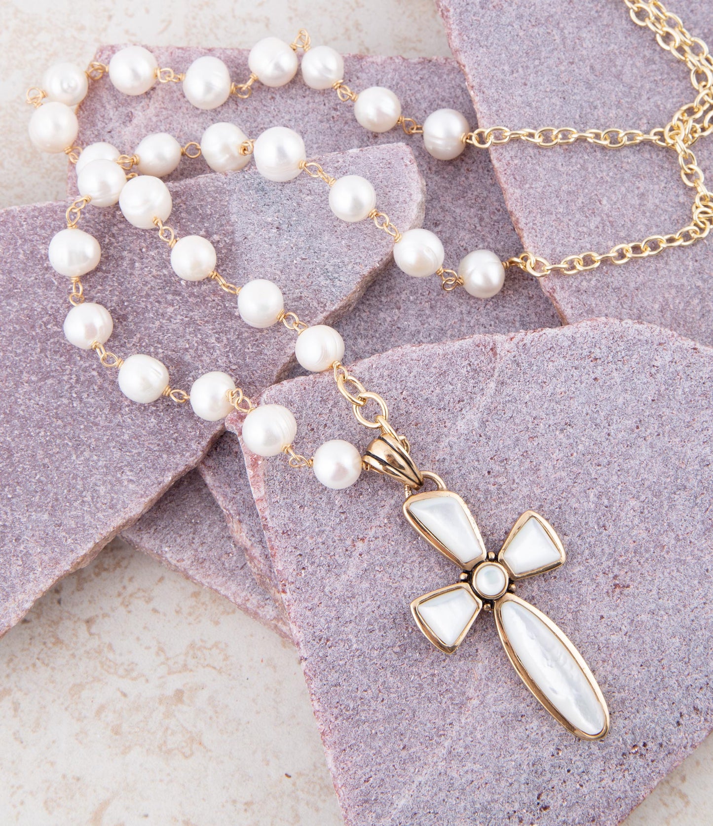 Barse Las Cruces White Pearl Cross Pendant Necklace