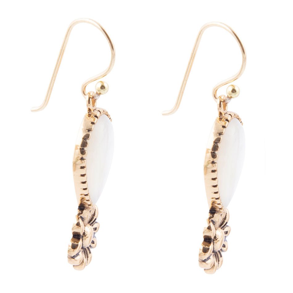 Barse Golden Flower and White Mother of Pearl Drop Earrings