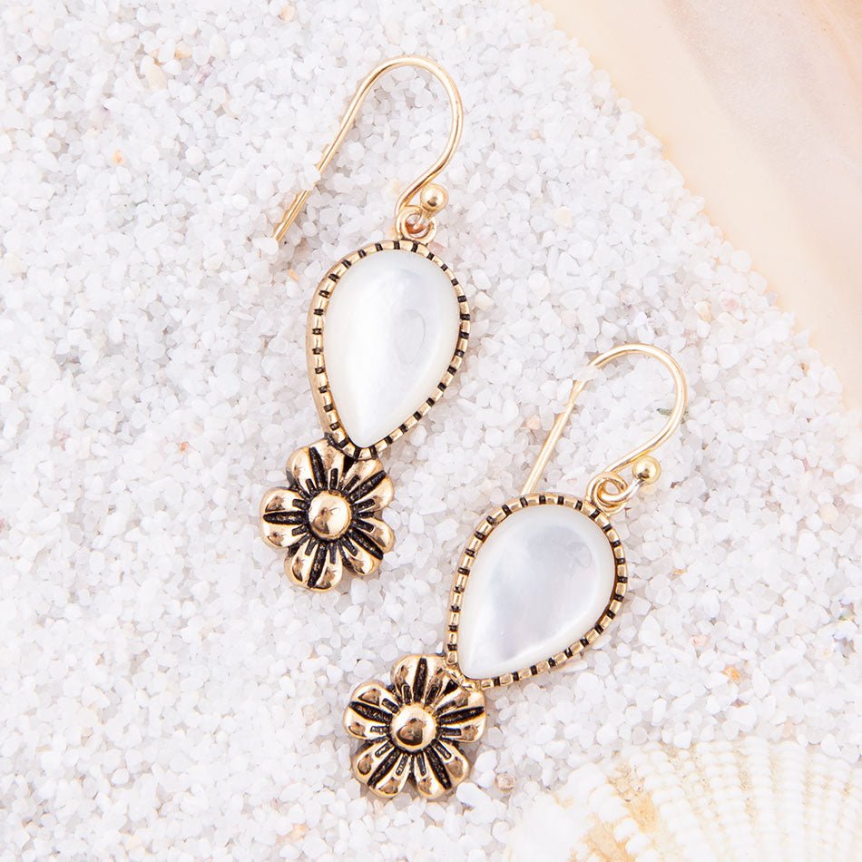 Barse Golden Flower and White Mother of Pearl Drop Earrings